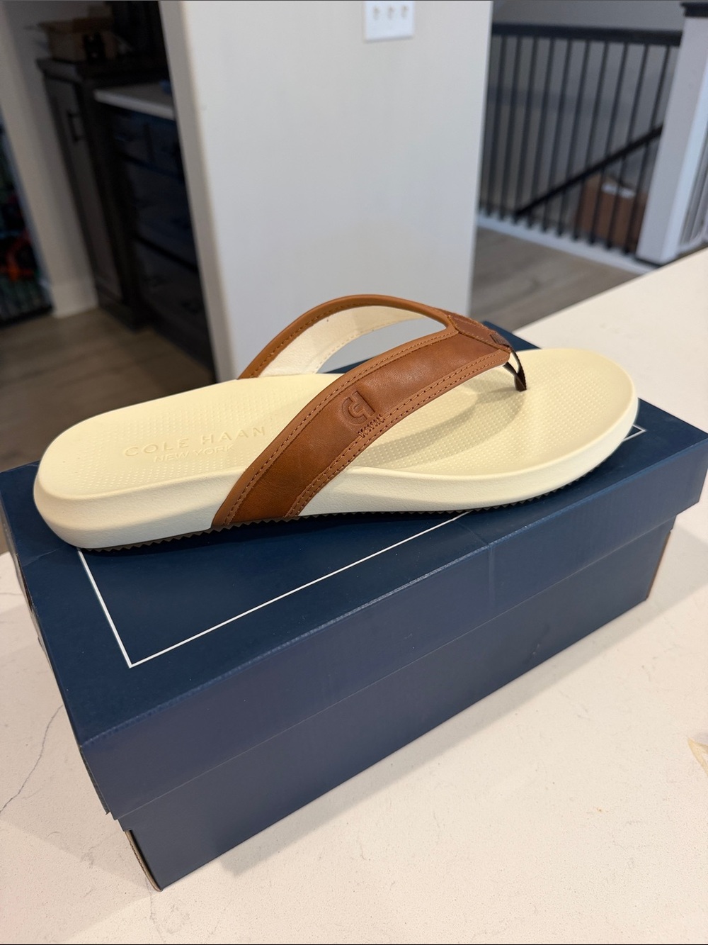 Cole Haan Men’s Brown Leather Flip Flops with Cream Footbed